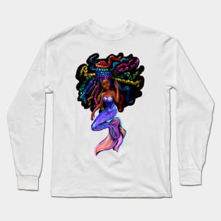 African American mermaid with flowing rainbow braids , brown eyes curly Afro hair and caramel brown skin Long Sleeve T-Shirt